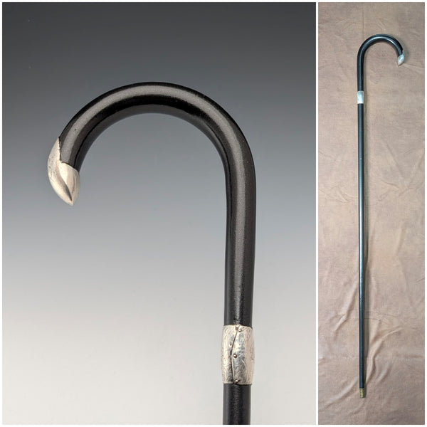 1913 British antique gentleman's curved handle pure silver decorated walking stick 92cm J Howell&Co Ltd